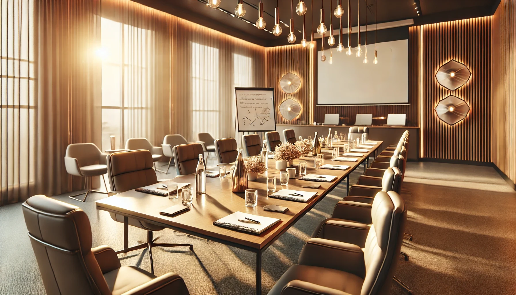 Modern conference room setup for a professional training workshop, featuring a long table with chairs, notebooks, glasses of water, and a whiteboard in the background.