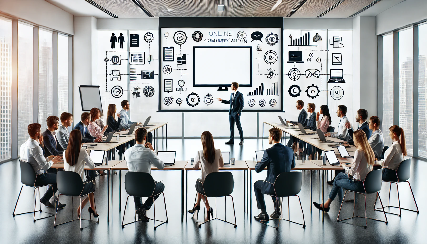 A professional workshop setting featuring a presenter leading a discussion in a modern conference room. Attendees are engaged, taking notes, and collaborating on leadership and communication strategies. A presentation screen is visible in the background, creating an interactive learning environment.