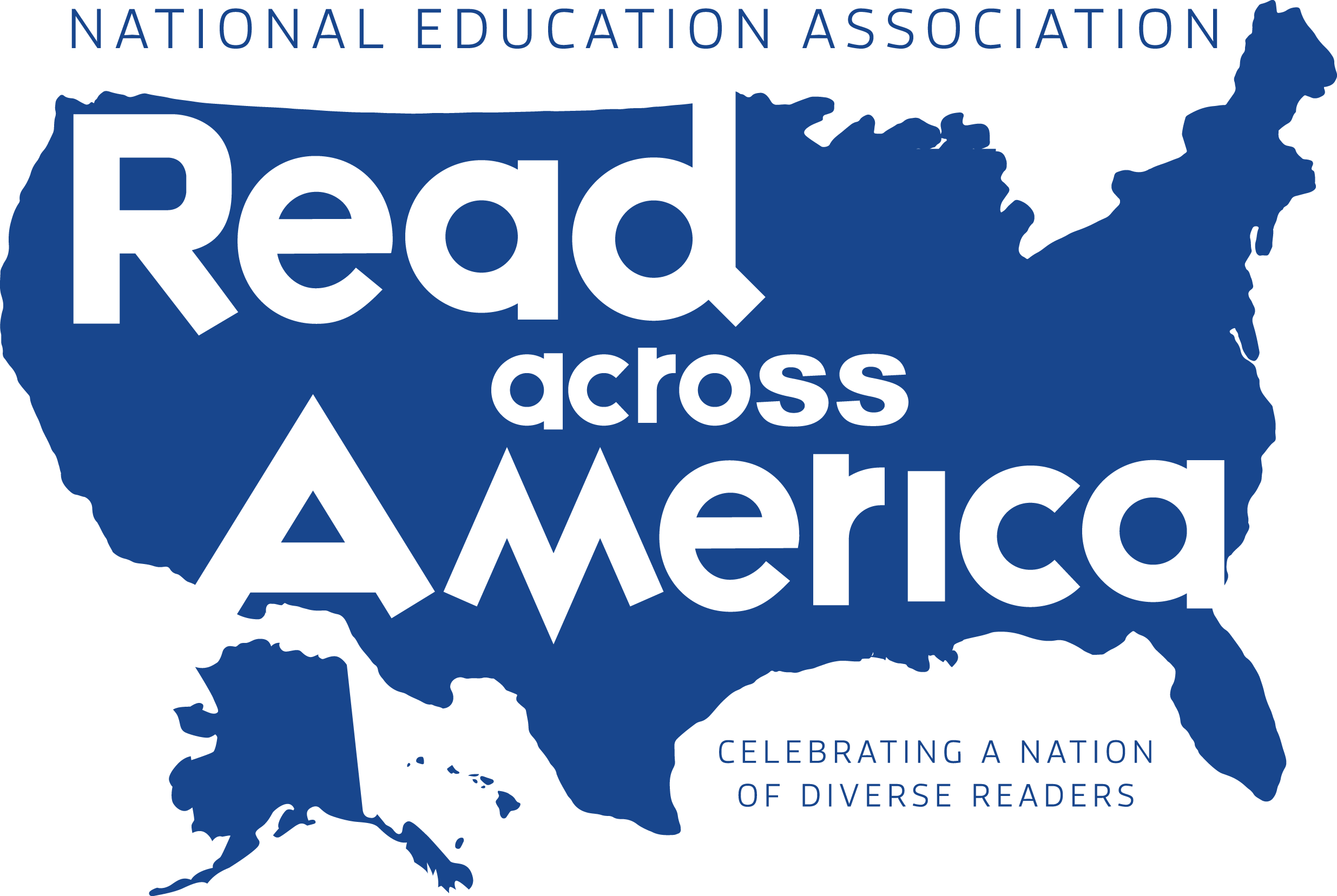 Read Across America logo featuring a blue map of the United States, promoting literacy and diverse reading initiatives.